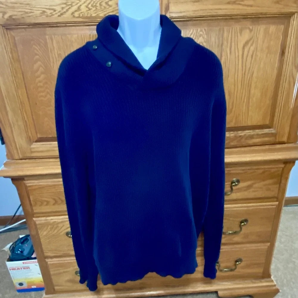 Polo Ralph Lauren Shawl Collar Sweater Mens L Blue Ribbed Knit Button Pullover